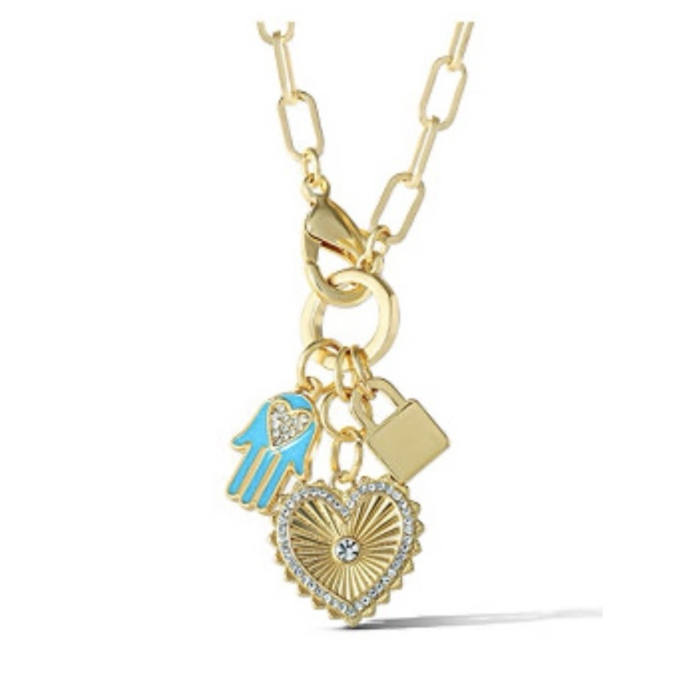 Jessica Simpson Gold Large Link Heart Triple Charm Necklace New In Gift Box